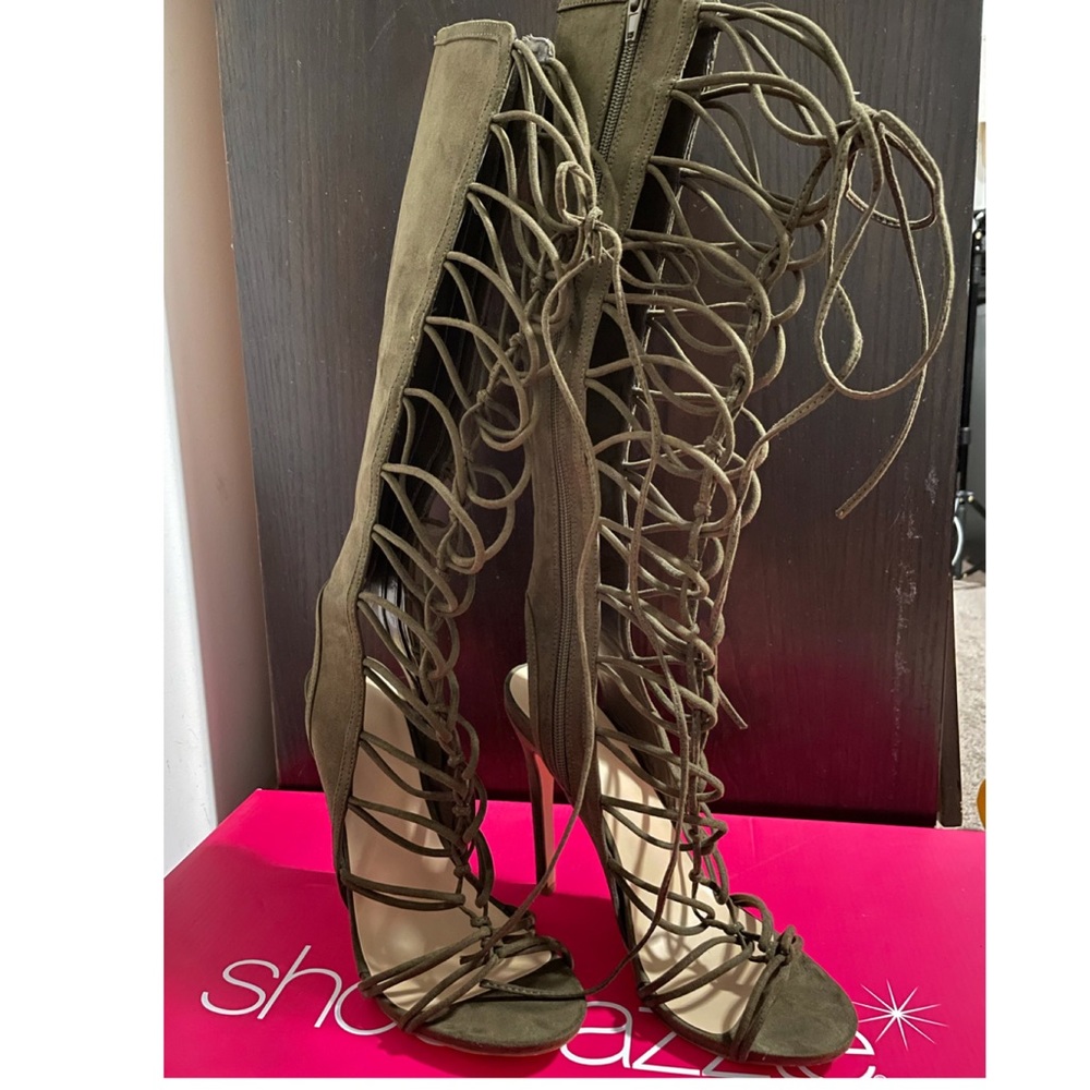 Olive Knee High Heeled Gladiator Sandals